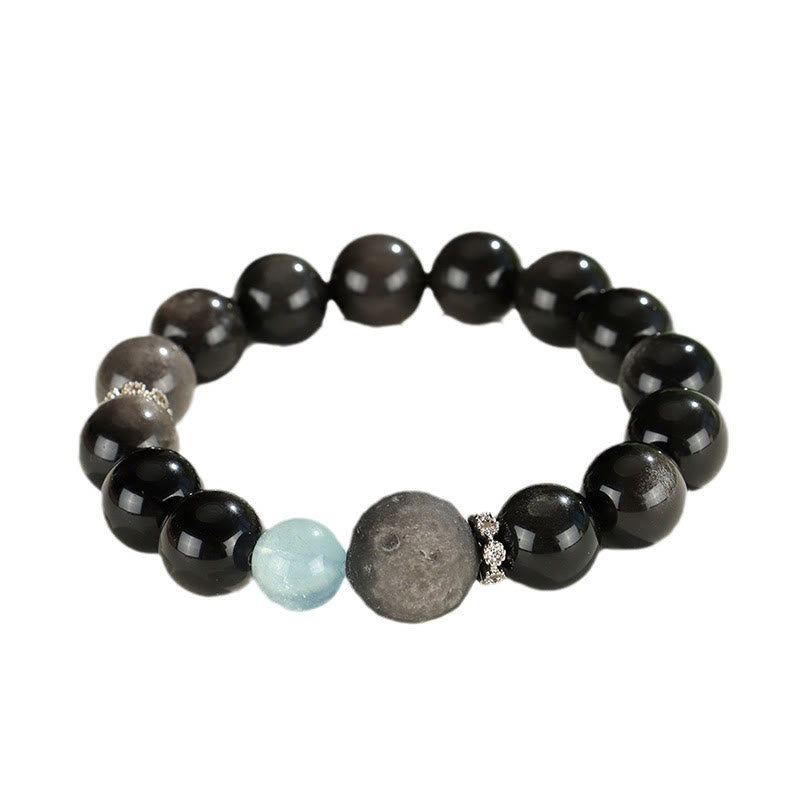 Wear FengShui Natural Silver Sheen Obsidian Cat Head Fox Planet Protection Bracelet