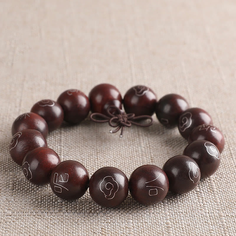 Wear FengShui 925 Sterling Silver Inlaid Small Leaf Red Sandalwood Om Mani Padme Hum Character Auspicious Clouds Protection Bracelet