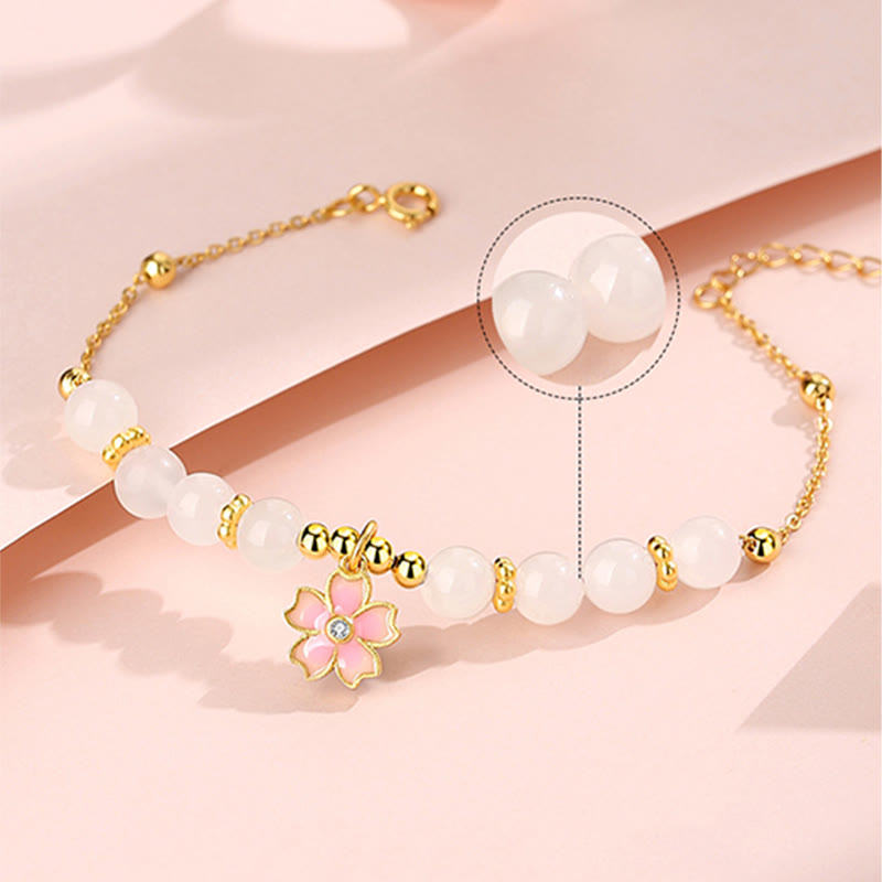 Wear FengShui 925 Sterling Silver Hetian White Jade Cherry Blossom Protection Bracelet