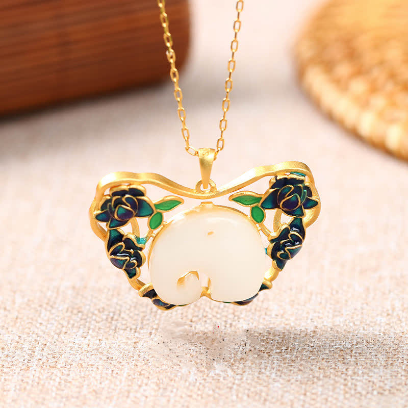 Wear FengShui White Jade Elephant Butterfly Lotus Success Necklace Chain Pendant