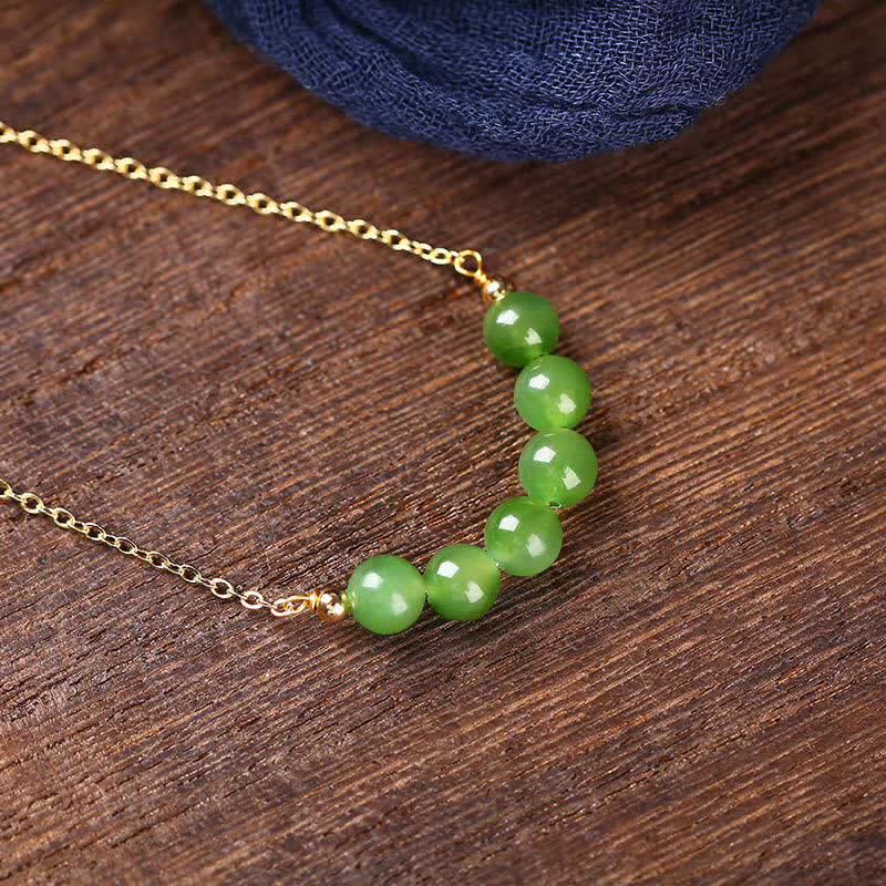 Wear FengShui 14k Gold Plated Hetian Cyan Jade Beaded Luck Necklace Pendant