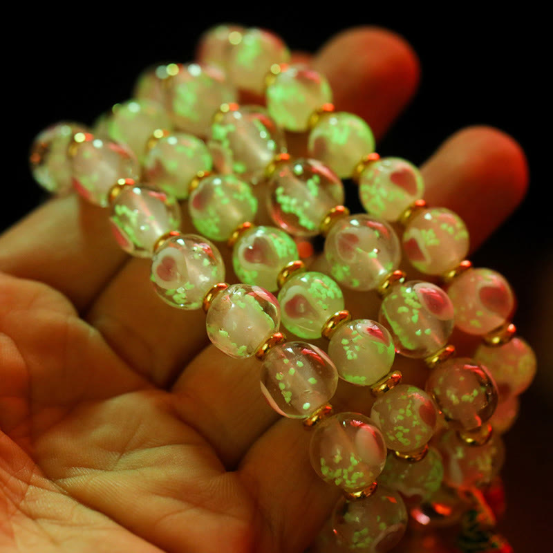 Wear FengShui Gold Swallowing Beast Family Charm Luminous Pink Love Heart Fluorescent Liuli Glass Bead Blessings Bracelet