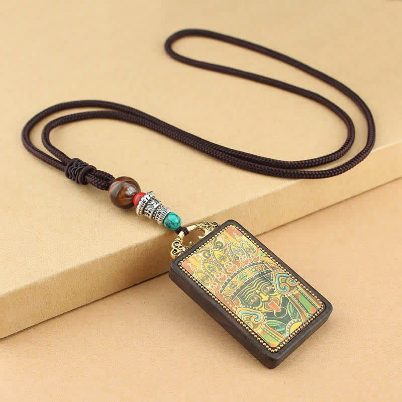 Wear FengShui Tibet God of Wealth Thangka Ebony Peace Necklace Pendant