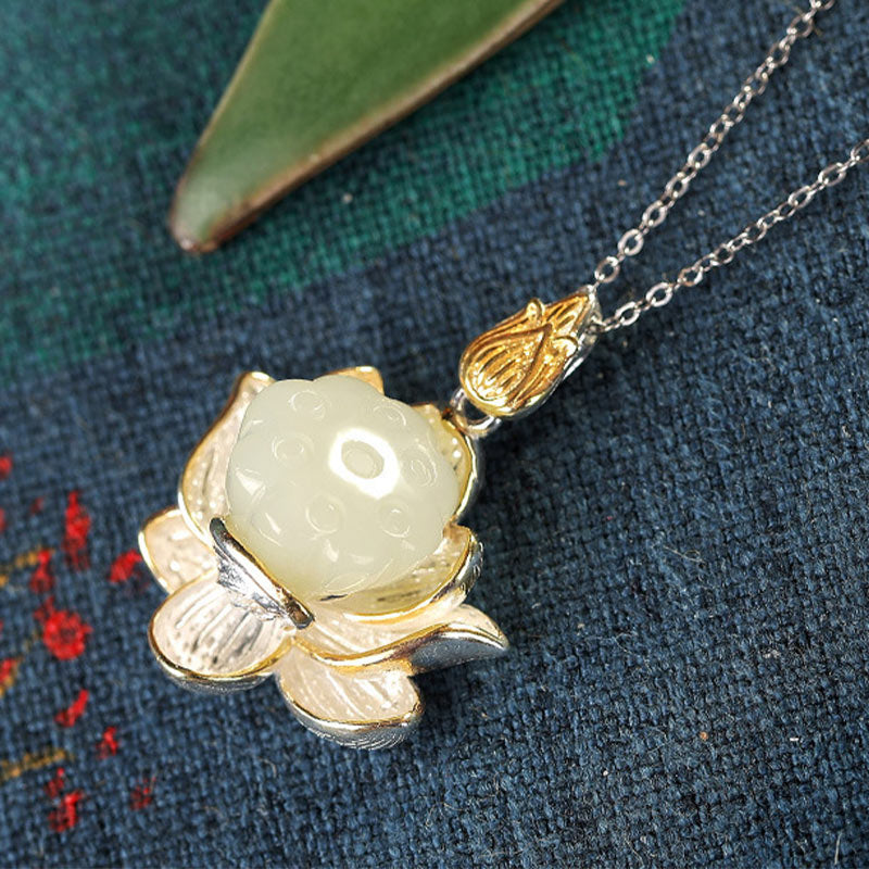 Wear FengShui White Jade Lotus Flower Happiness Necklace