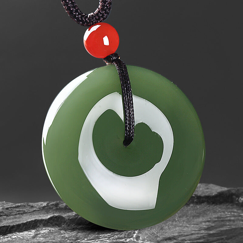 Wear FengShui Natural Round Jade Peace Buckle Prosperity Necklace String Pendant