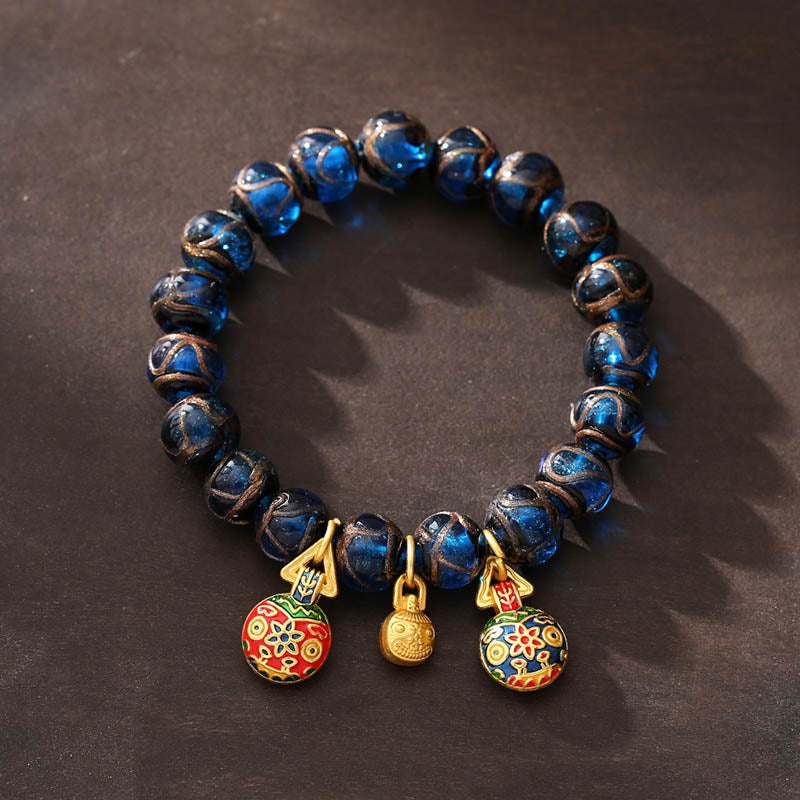Wear FengShui Gold Swallowing Beast Luck Charm Blue Liuli Glass Bead Fortune Bracelet