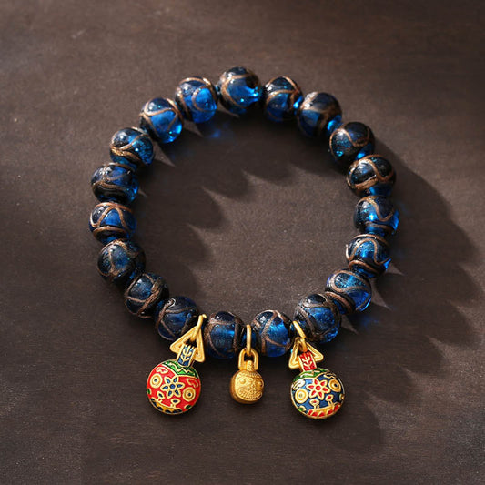 Wear FengShui Gold Swallowing Beast Luck Charm Blue Liuli Glass Bead Fortune Bracelet