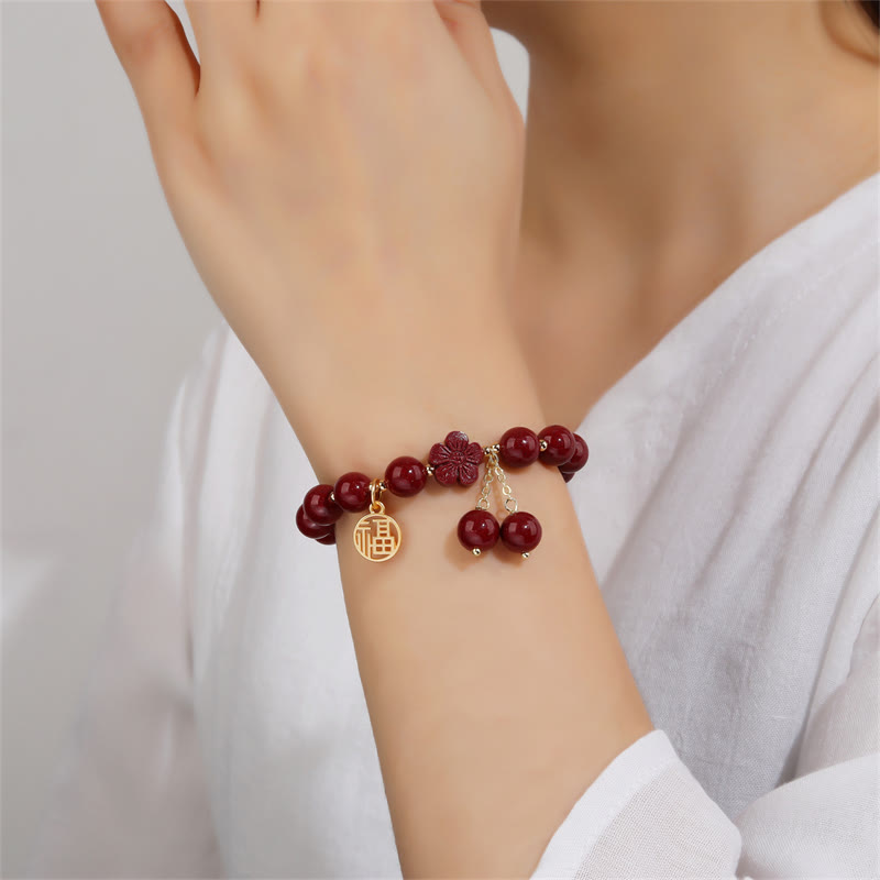 Wear FengShui Cinnabar Fu Character Cherry Blossom Blessing Bracelet