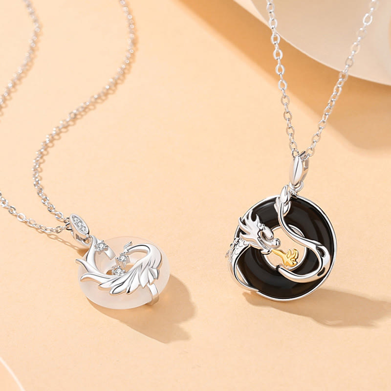 Wear FengShui 925 Sterling Silver Year of the Dragon Natural Black Onyx Chalcedony Dragon Phoenix Peace Buckle Protection Necklace Pendant