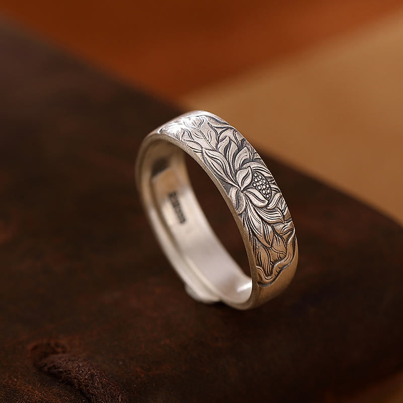 Wear FengShui 999 Sterling Silver Lotus Flower Plum Blossom Auspicious Clouds Engraved Enlightenment Ring