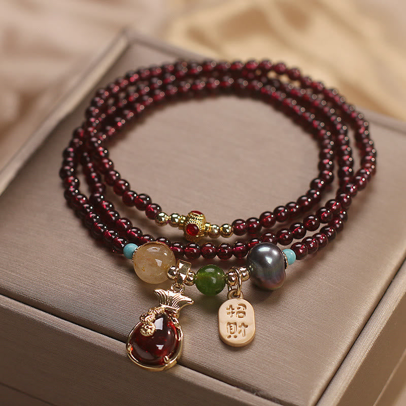 Wear FengShui Multi Layered Natural Garnet Jade Coin Money Bag Attracting Wealth Protection Bracelet
