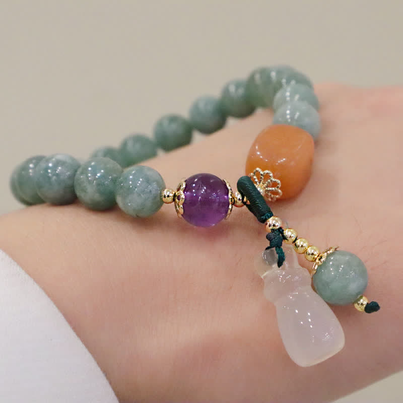 Wear FengShui Cyan Jade Lotus Pumpkin Wish Peace Buckle Amethyst Crystal Healing Bracelet
