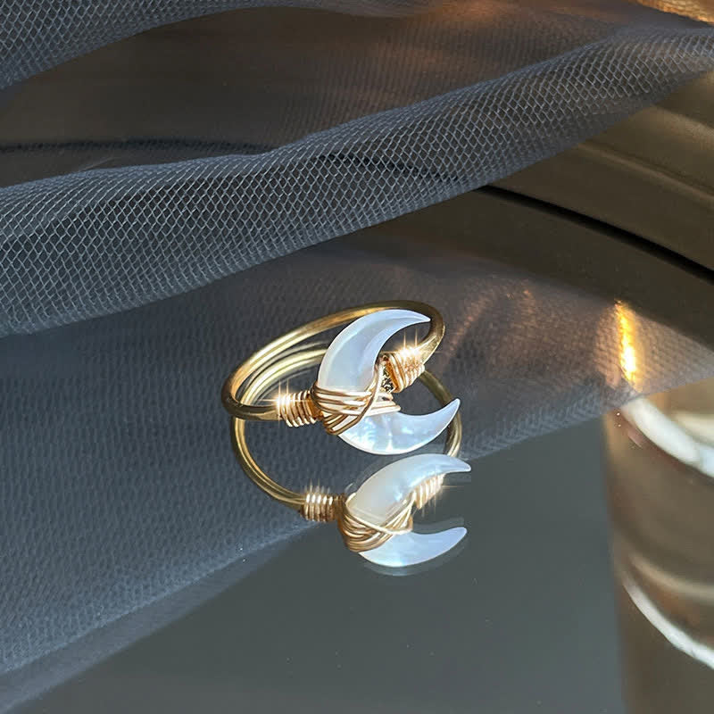 Wear FengShui Natural Tridacna Stone Moon 14K Gold Blessing Ring