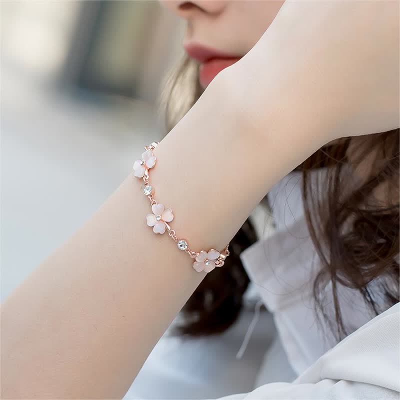 Wear FengShui Pink Crystal Four Leaf Clover Love Chain Bracelet