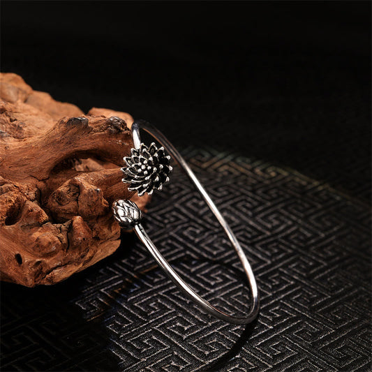 Wear FengShui Retro Lotus White Copper Enlightenment Bracelet Bangle