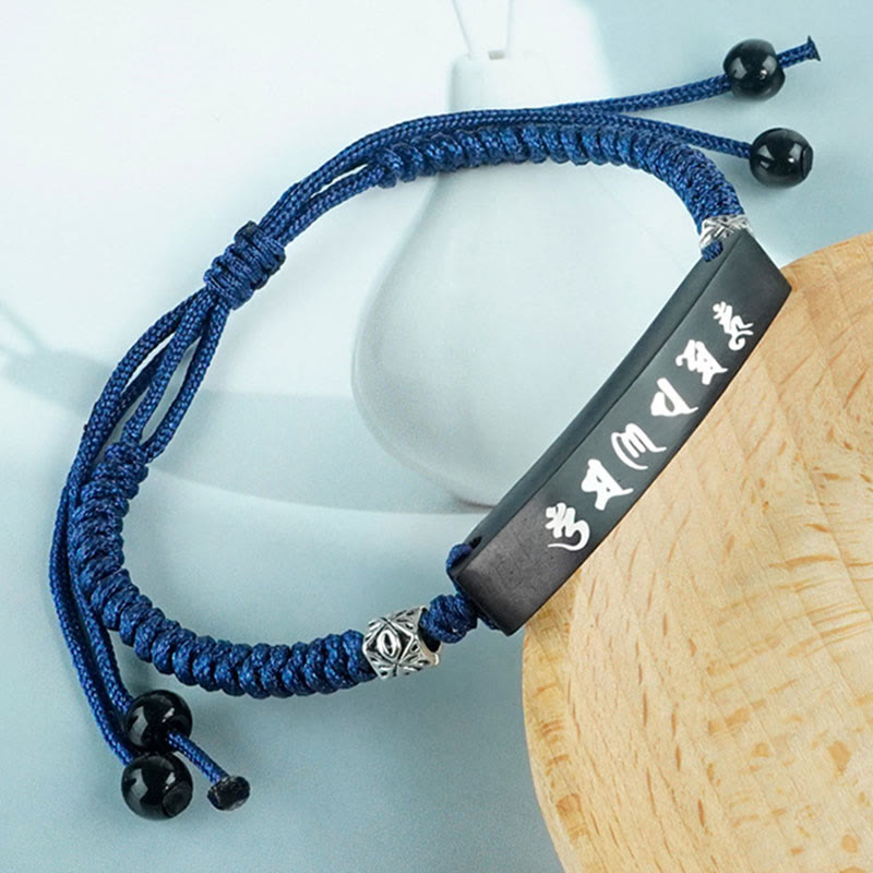Wear FengShui Buddhism Six True Words Wood Ebony Wood Silver Inlaid Protection Bracelet