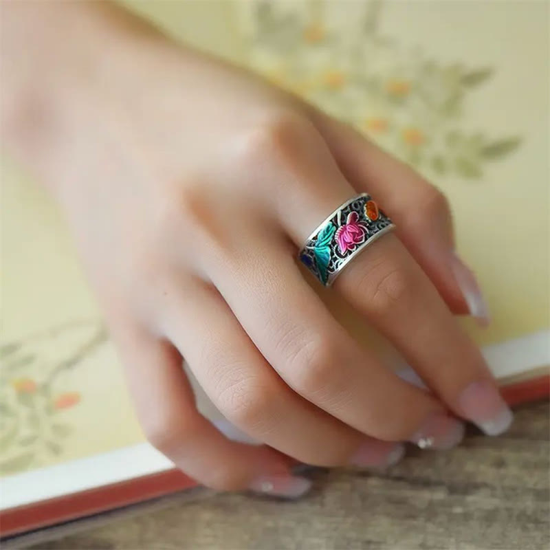 Wear FengShui Copper Blue Enamel Lotus Heart Sutra Koi Fish Luck Ring