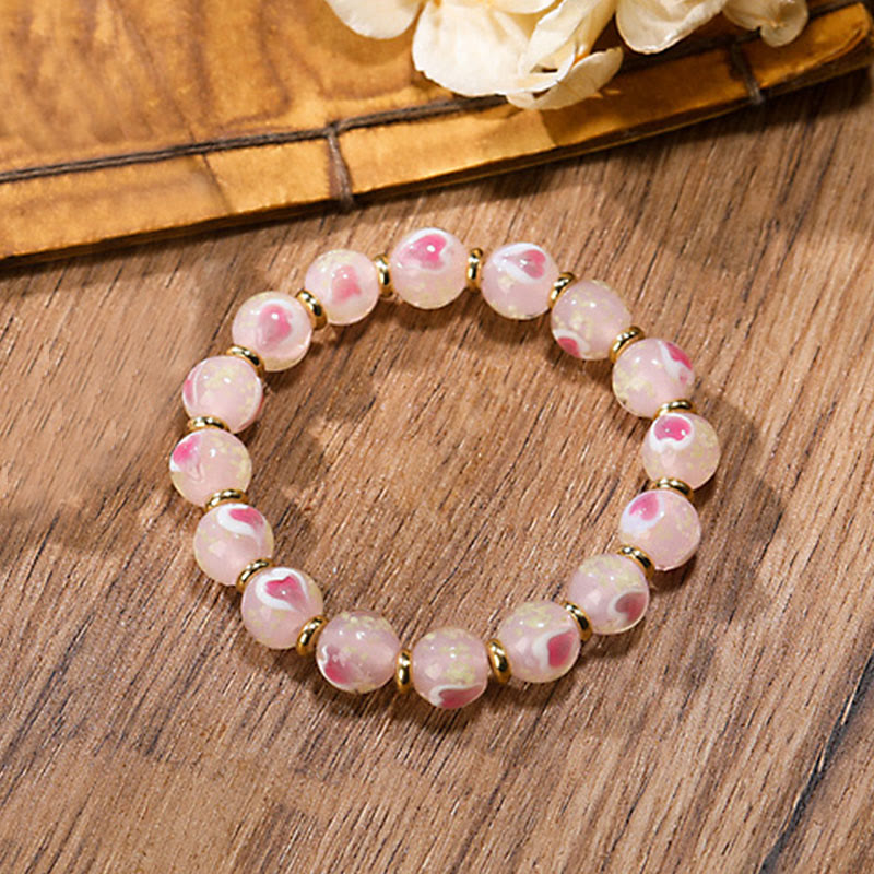 Wear FengShui Gold Swallowing Beast Family Charm Luminous Pink Love Heart Fluorescent Liuli Glass Bead Blessings Bracelet