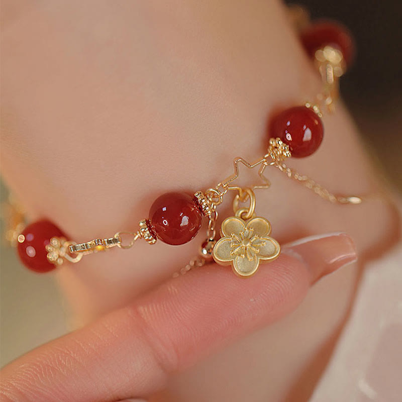 Wear FengShui 14k Gold Plated Red Agate Star Flower Charm Calm Bracelet