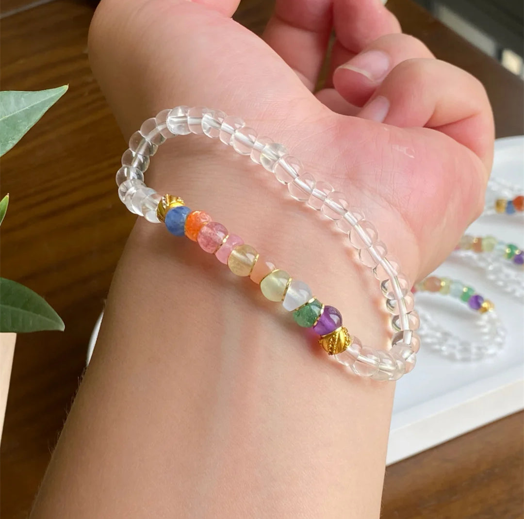 Tibetan Angled-Cut White Crystal Bracelet with Multicolor Crystals – Top-Grade Clear Quartz, Stress-Relieving & Meditation-Friendly