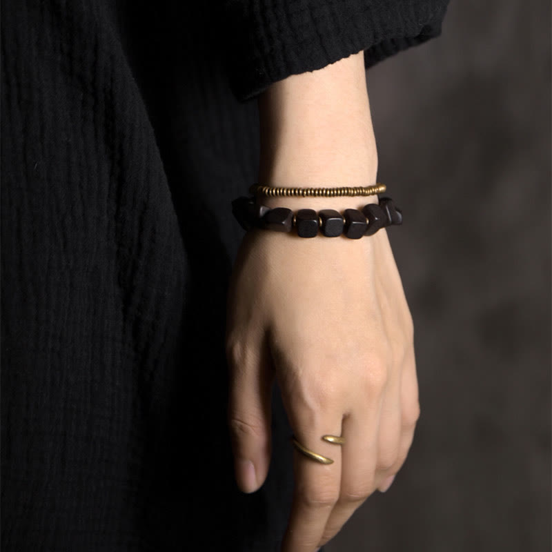 Wear FengShui Tibetan Ebony Wood Copper Peace Double Wrap Bracelet