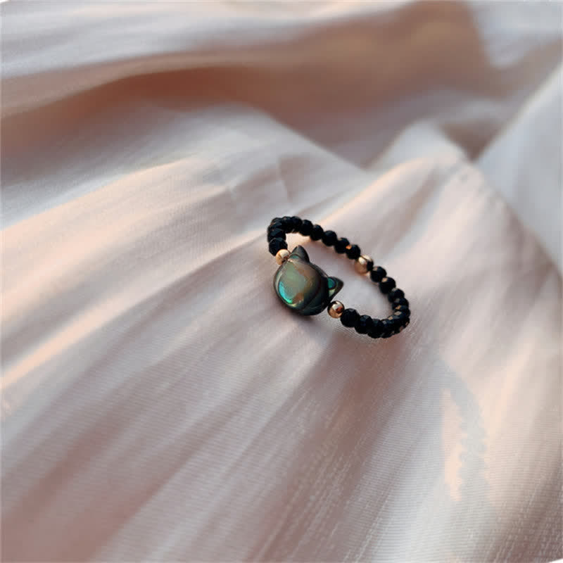 Wear FengShui Natural Tridacna Stone Lovely Cat 14K Gold Plated Blessing Ring