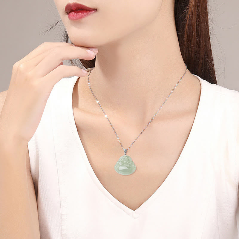 Wear FengShui Natural Jade Laughing Buddha Prosperity Abundance Titanium Steel Chain Necklace Pendant