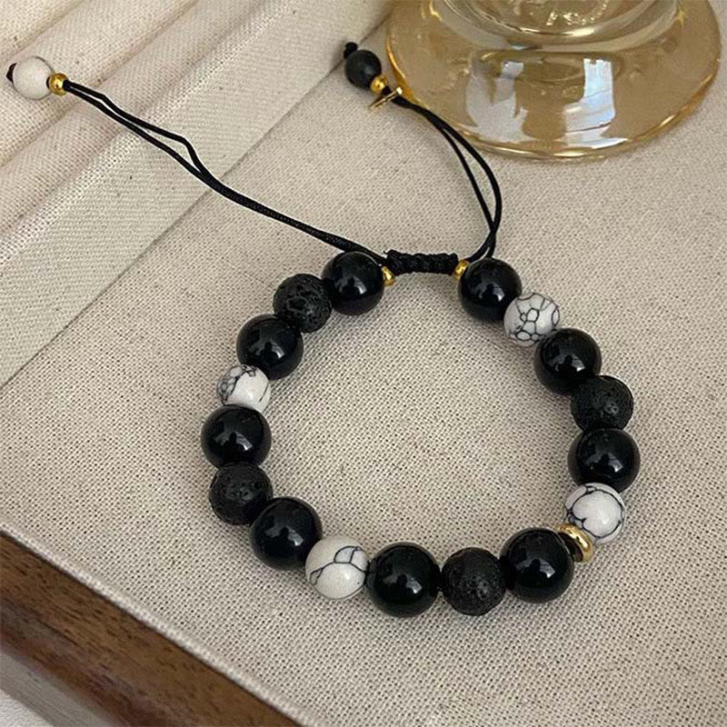 Wear FengShui Black Obsidian Lava Rock Stone Yin Yang Strength Bracelet