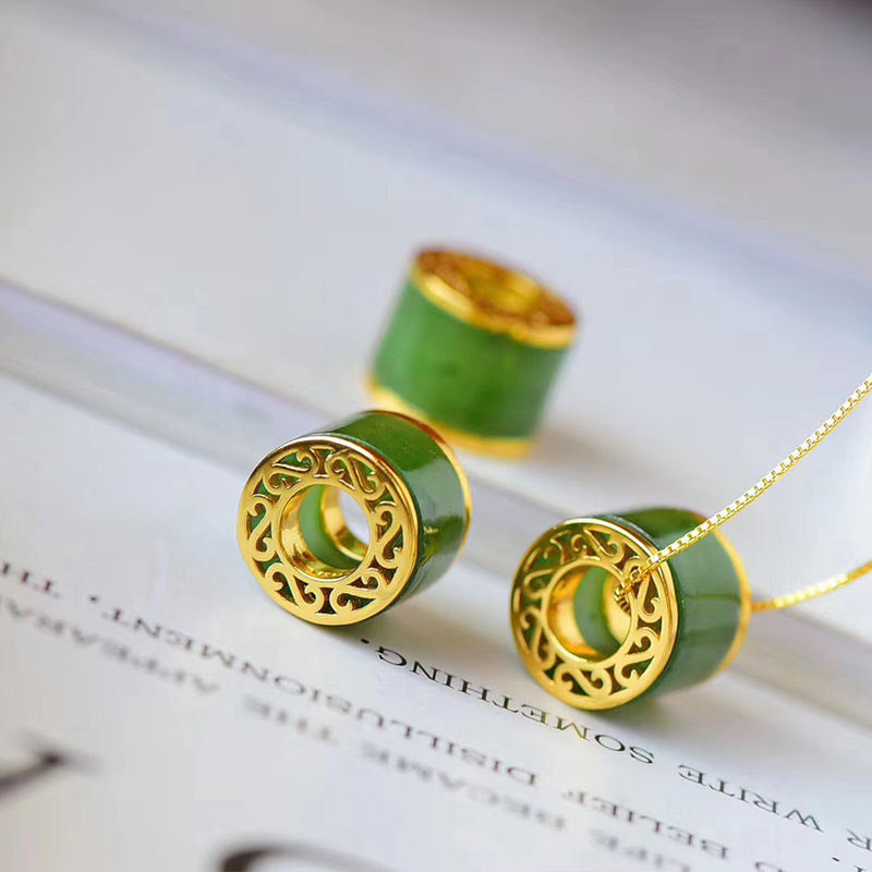Wear FengShui Round Cyan Jade Luck Necklace Pendant