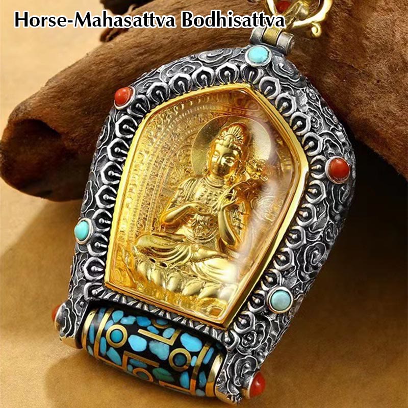 Wear FengShui Tibet Chinese Zodiac Natal Buddha Thangka Prosperity Rotatable Dzi Bead Necklace Pendant
