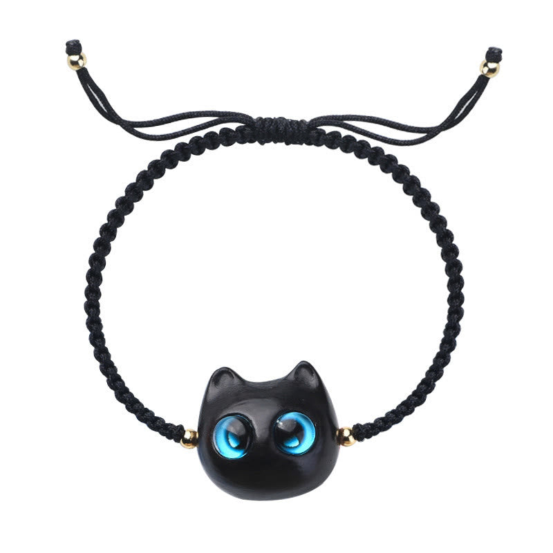 Wear FengShui Small Leaf Red Sandalwood Ebony Wood Cute Cat Head Calm Protection Braided Bracelet