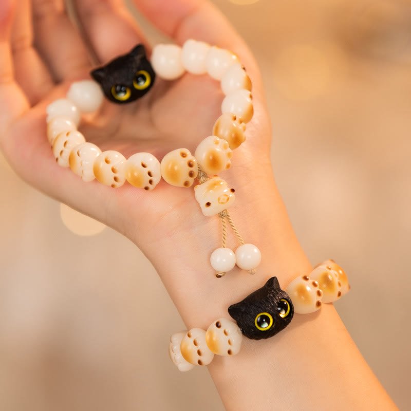 Wear FengShui Natural Bodhi Seed Red Sandalwood Lovely Paw Lucky Cat Peace Bracelet