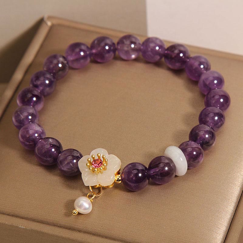 Wear FengShui Natural Amethyst White Agate Pearl Charm Balance Bracelet