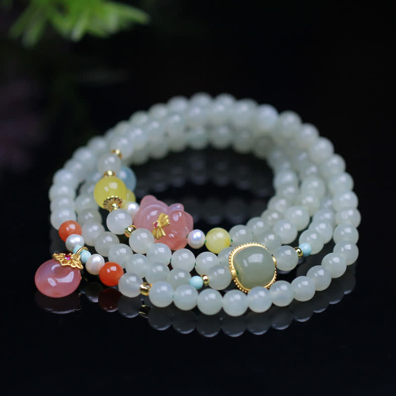 Wear FengShui Natural Hetian Jade Pink Crystal Peace Buckle Happiness Abundance Bracelet