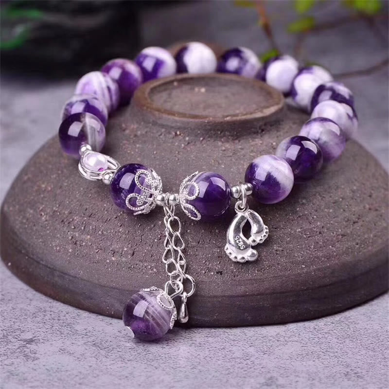 Wear FengShui 925 Sterling Silver Natural Amethyst Healing Feet Love Heart Charm Bracelet