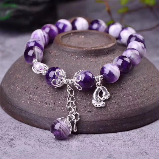 Wear FengShui 925 Sterling Silver Natural Amethyst Healing Feet Love Heart Charm Bracelet