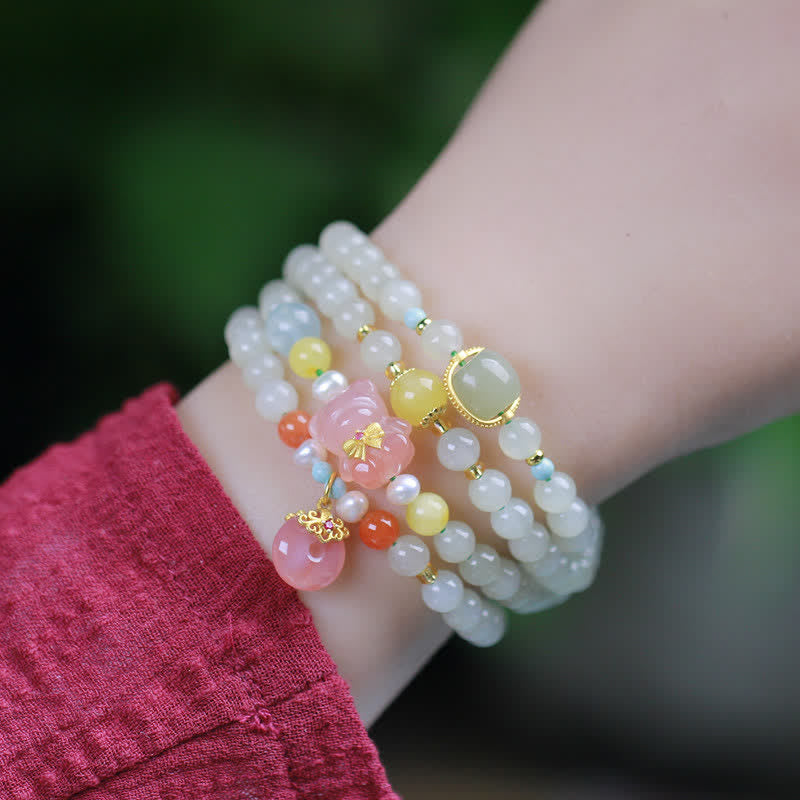 Wear FengShui Natural Hetian Jade Pink Crystal Peace Buckle Happiness Abundance Bracelet