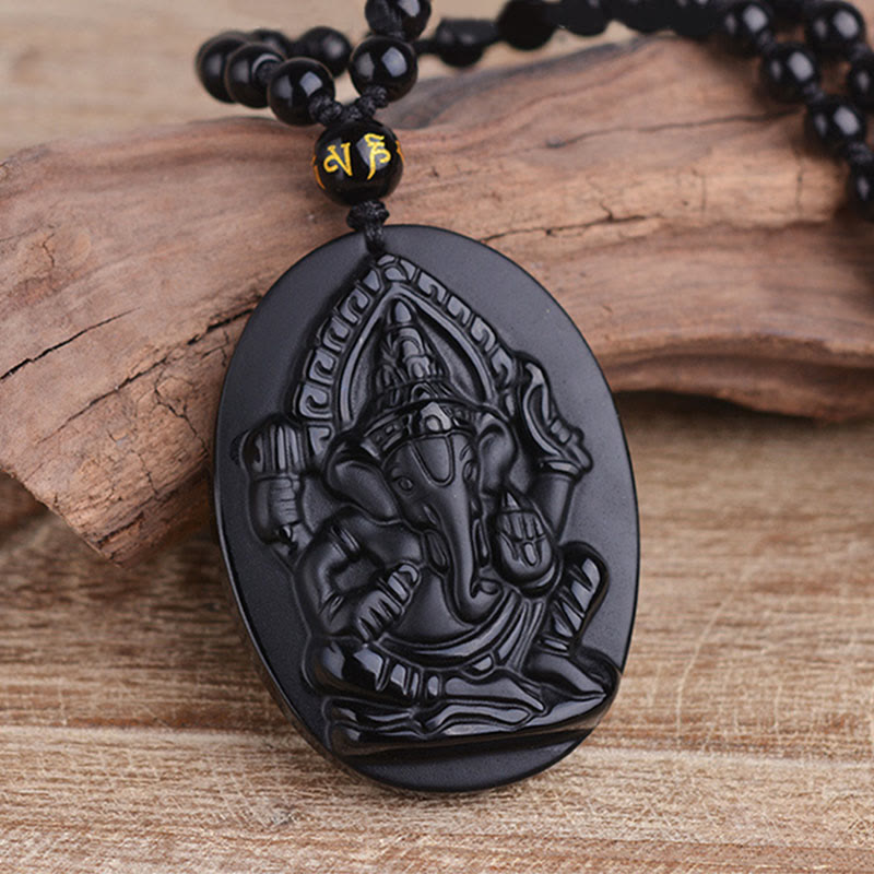 Wear FengShui Tibetan Obsidian Ganesh Ganpati Elephant Wealth Amulet Necklace