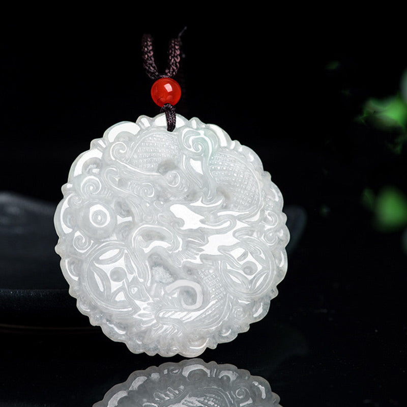 Wear FengShui White Jade Dragon Protection Necklace String Pendant