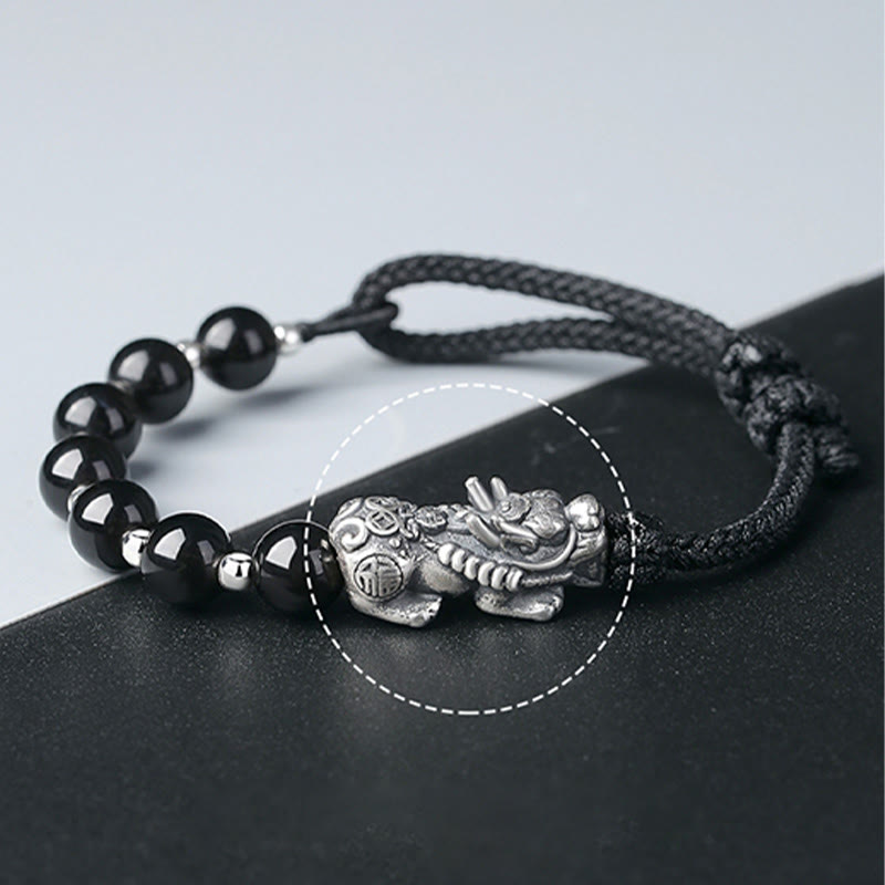 Wear FengShui 999 Sterling Silver FengShui PiXiu Natural Black Obsidian 925 Sterling Silver Bead Strength Bracelet