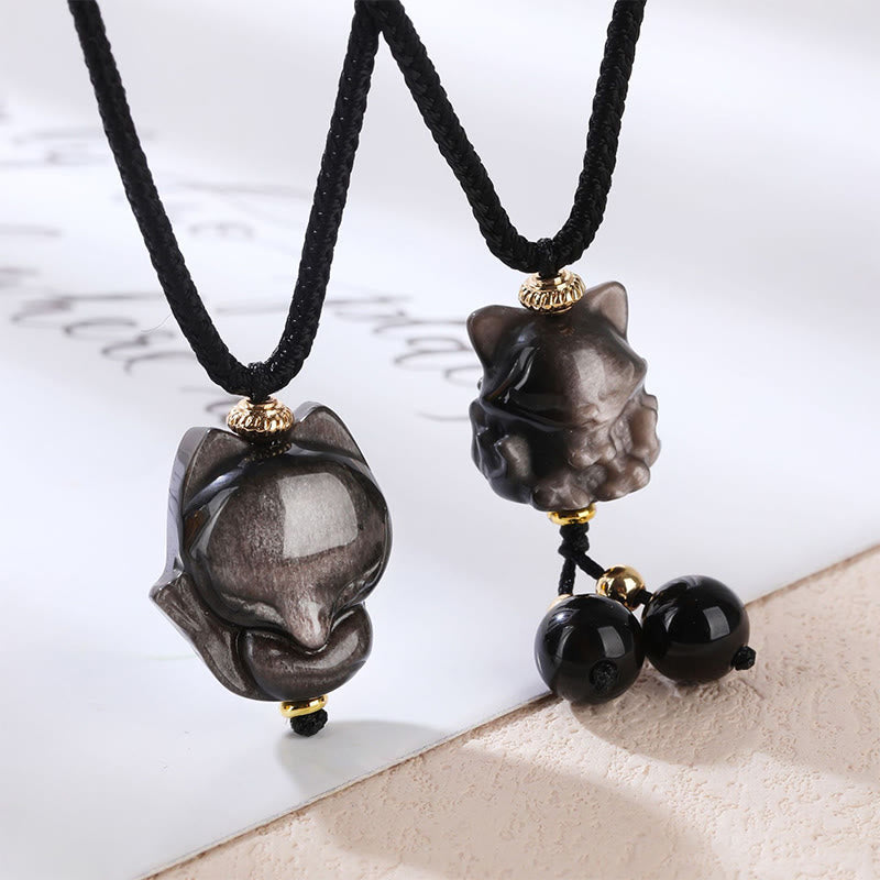 Wear FengShui Natural Silver Sheen Obsidian Nine Tailed Fox Protection Necklace Pendant
