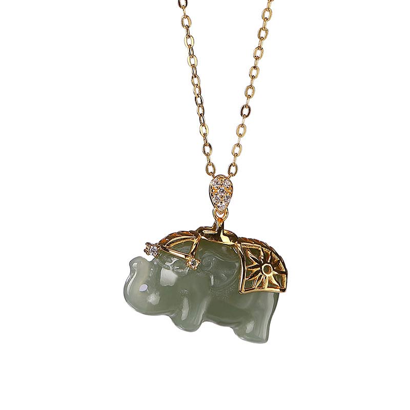 Wear FengShui 925 Sterling Silver Jade Elephant Blessing Fortune Necklace Chain Pendant