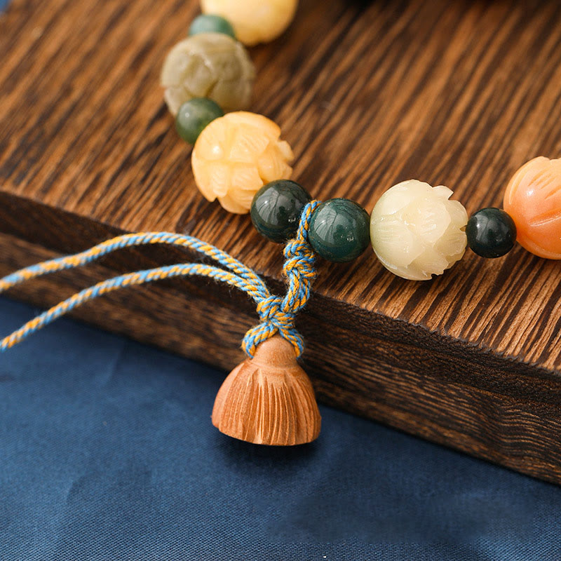 Wear FengShui Bodhi Seed Lotus Bead Engraved Moss Agate Peace Calm Bracelet