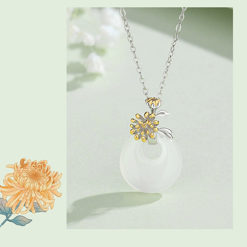 Wear FengShui 925 Sterling Silver Round Chalcedony Twelve Months Flower Harmony Necklace Pendant