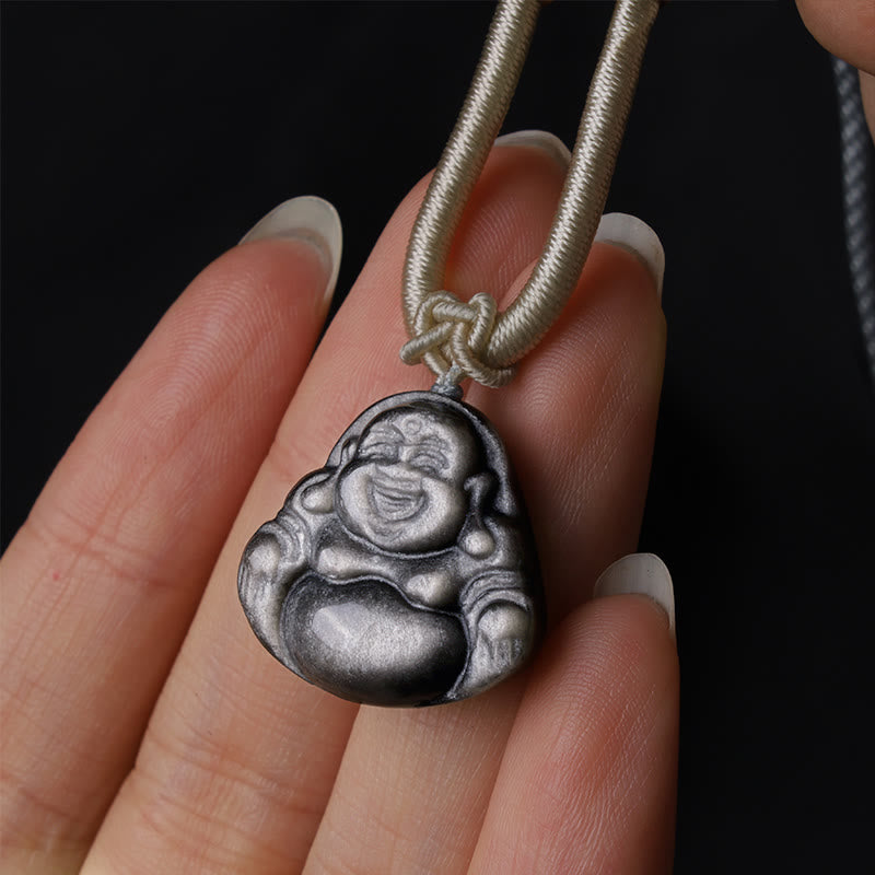 Wear FengShui Natural Silver Sheen Obsidian Laughing Buddha Protection Necklace Pendant