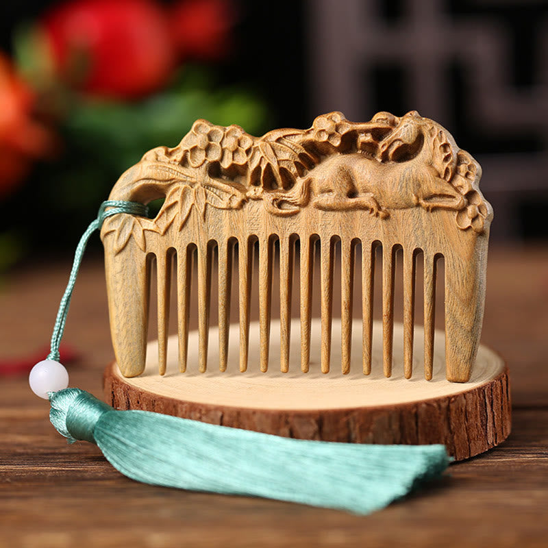 Wear FengShui Green Sandalwood Fox Peony Flower Lotus Engraved Cure Tassel Comb