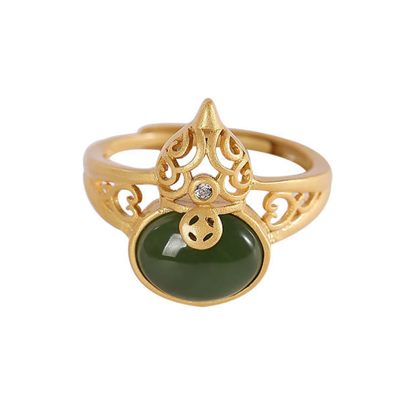 Wear FengShui Gourd Cyan Jade Copper Coin Success Luck Adjustable Ring