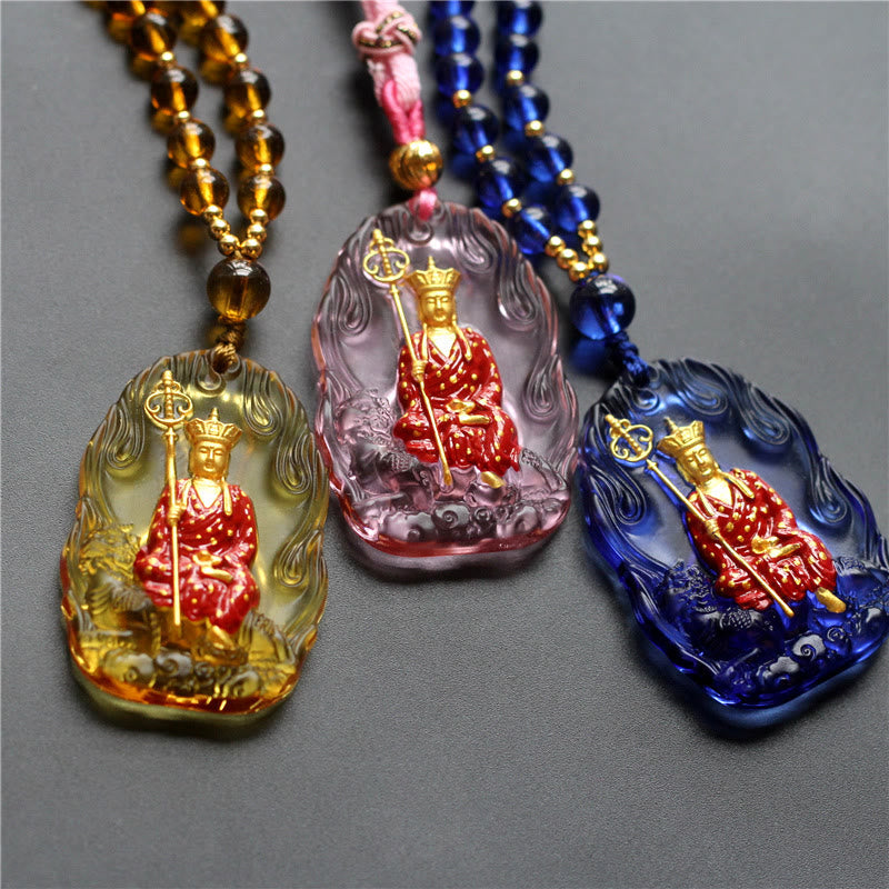 Wear FengShui Ksitigarbha Buddha Liuli Crystal Compassion Amulet Necklace Pendant