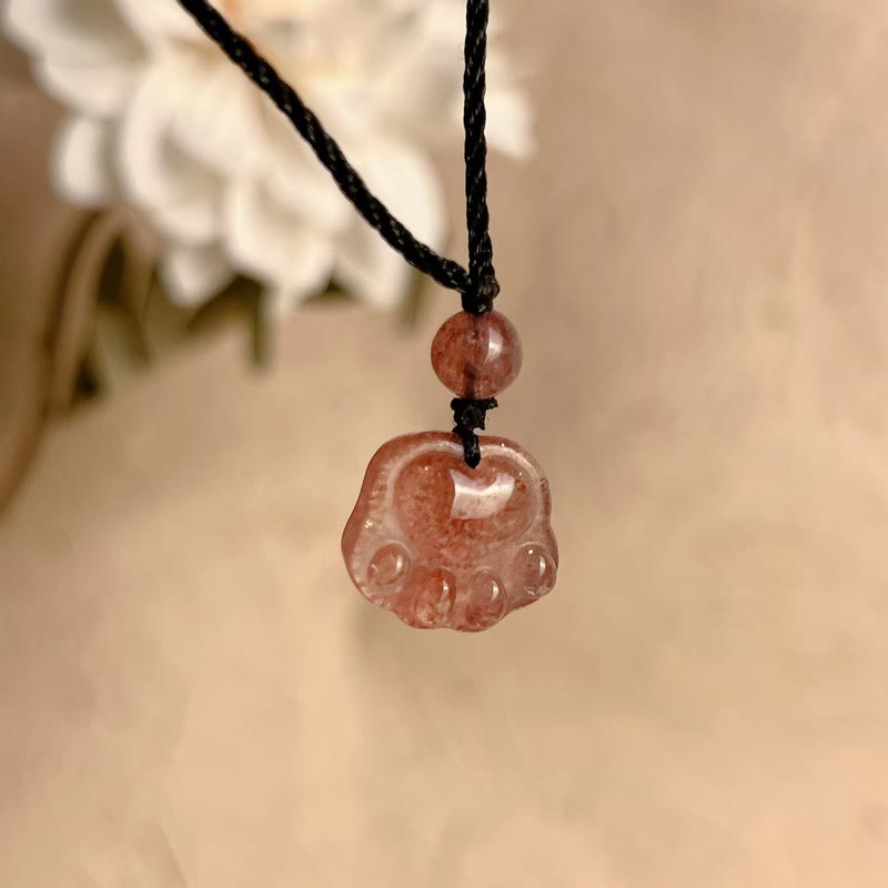 Wear FengShui Strawberry Quartz Lovely Cat Paw Claw Healing Necklace Pendant