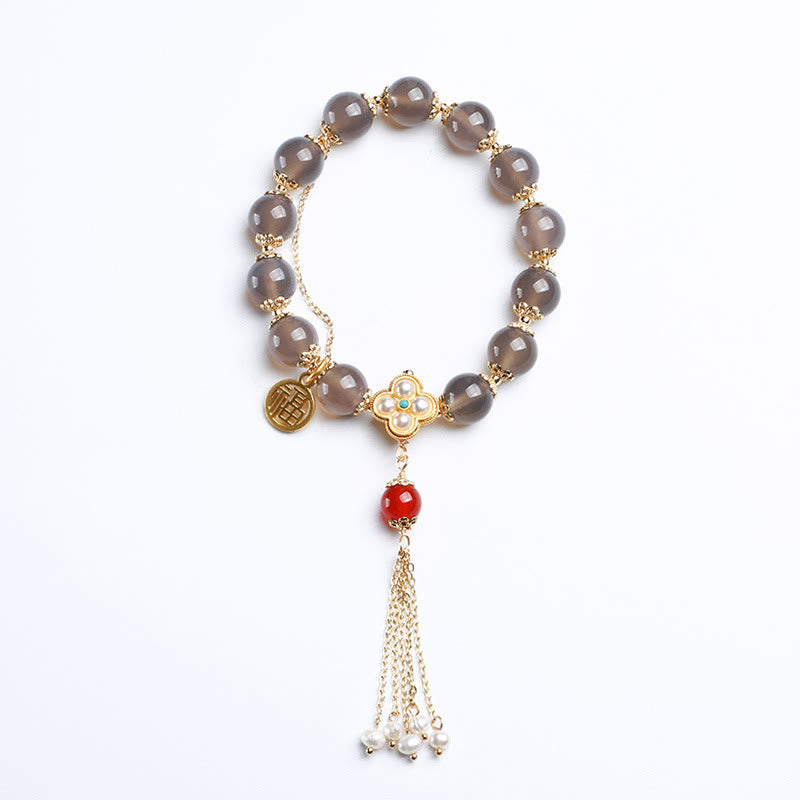 Wear FengShui Natural Gray Agate Fu Character Pearl Tassel Balance Bracelet